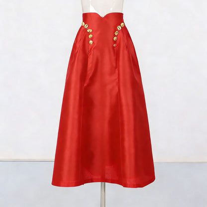 Irregularly Shaped Button-decorated Pleated Midi Skirt