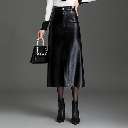PU Leather Black Mid-length Skirt Womens Autumnwinter Style
