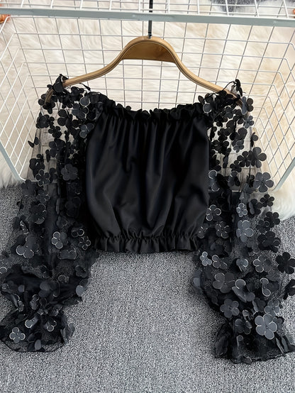Floral Fairy Mesh-Patchwork Chiffon Blouse