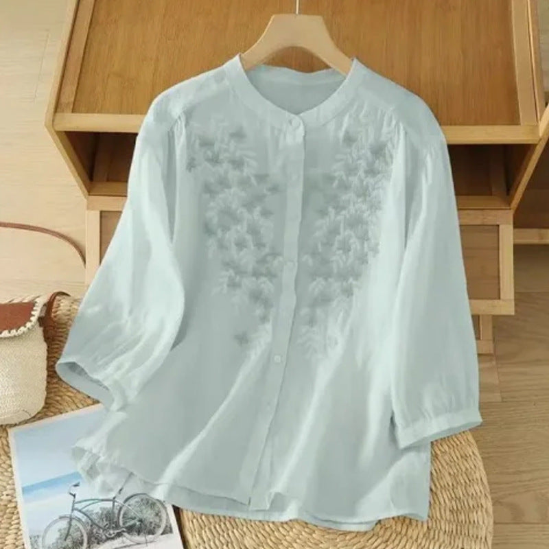 Half-sleeve Youth-boosting Shirt Stand-up Collar Loose Fit Women