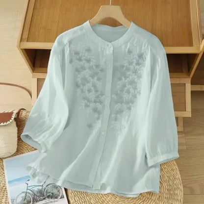 Half-sleeve Youth-boosting Shirt Stand-up Collar Loose Fit Women