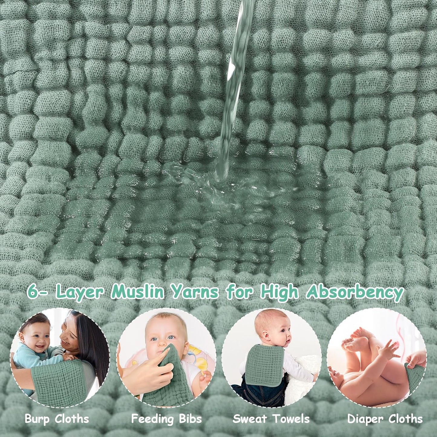 Muslin Burp Cloths, Cotton, Large 25x50cm, Extra Soft & Absorbent, 6-Pack Baby Burping Cloth For Boys & Girls  9 Color Options