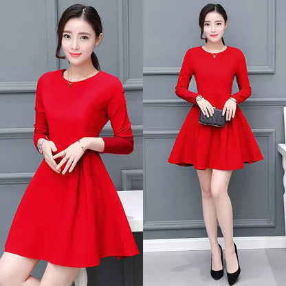 Women's Solid-Color Long-Sleeve Plus-Size Elegant Dress