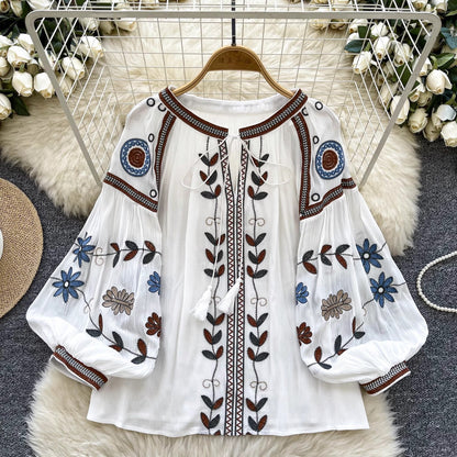 Round Neck Tie Lantern Sleeve Women's Autumn New Loose Shirt