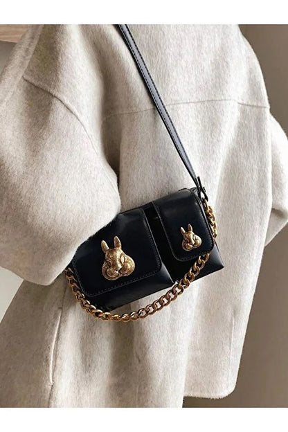 Women Black Baguette Bag With Squirrel Accessory Design Elegant Shoulder Handbag