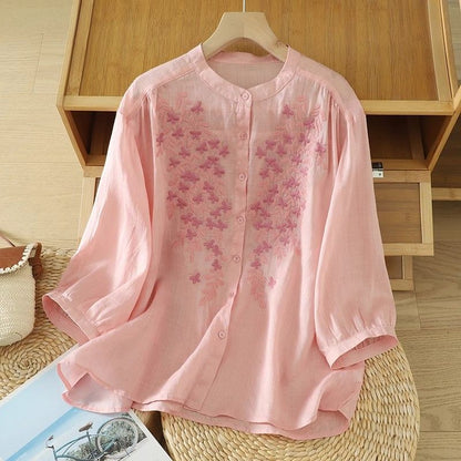 Half-sleeve Youth-boosting Shirt Stand-up Collar Loose Fit Women