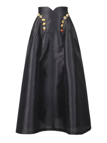 Irregularly Shaped Button-decorated Pleated Midi Skirt