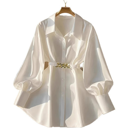 Gentle Pink Loose Lantern Sleeve Shirt Women's Metal Chain Waist Seal Top