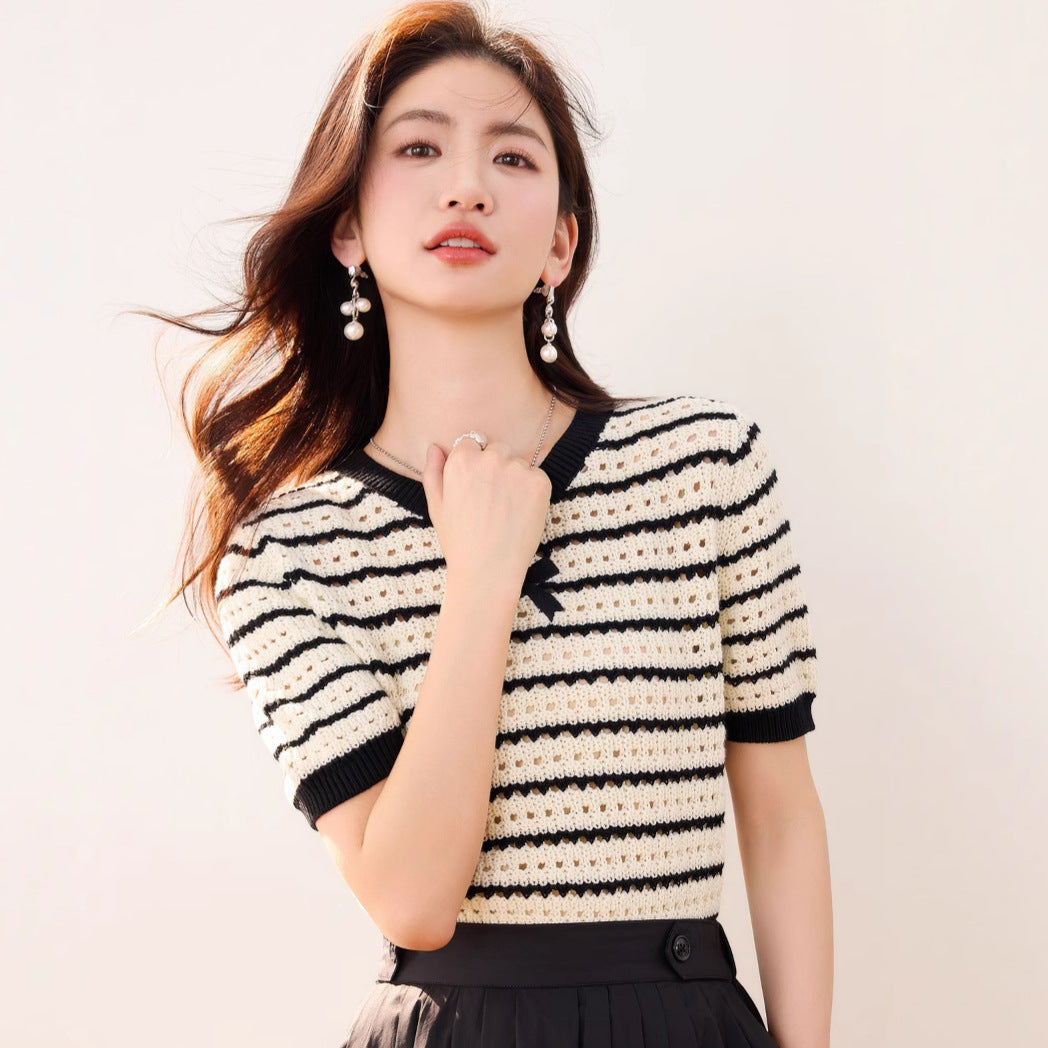 Embroidered Butterfly Hollow-Out Short-Sleeve Knit Top