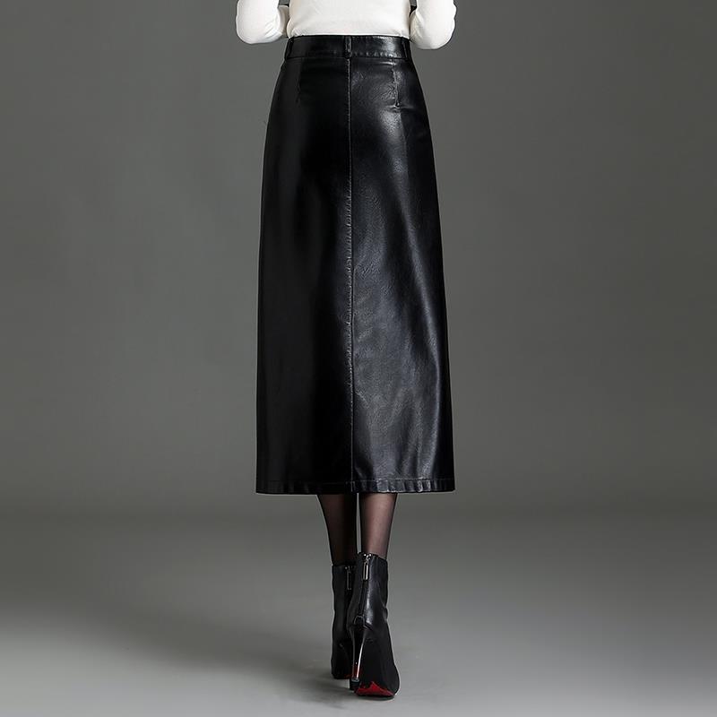 PU Leather Black Mid-length Skirt Womens Autumnwinter Style
