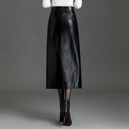 PU Leather Black Mid-length Skirt Womens Autumnwinter Style