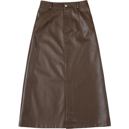 PU Leather Black Mid-length Skirt Womens Autumnwinter Style