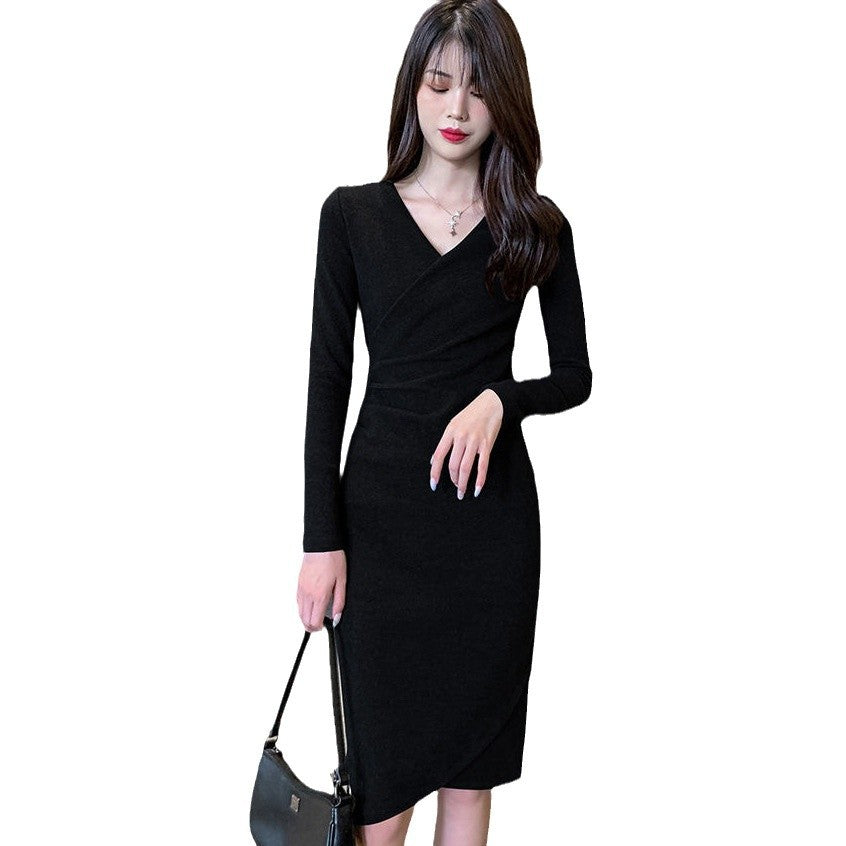Fashionable Slim-fit Long-sleeve V-neck Pleated Dress