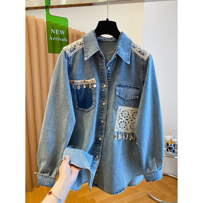 Loose-fit Lace Epaulette Patchwork Shirt Jacket Top
