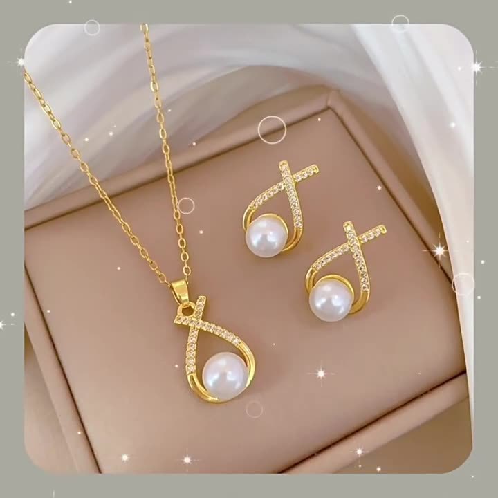 Womens Light-Luxury Cross-Design Diamond-Encrusted Pearl Necklace Set