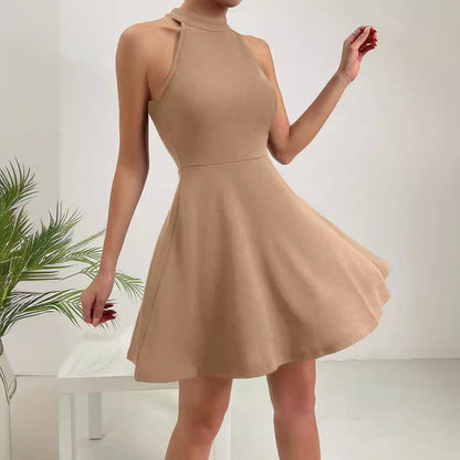 Womens Solid-Colored Halter Neck High-Waist Sleeveless Dress