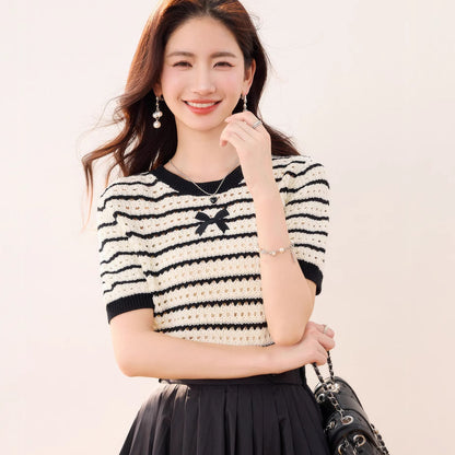 Embroidered Butterfly Hollow-Out Short-Sleeve Knit Top