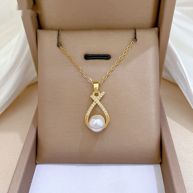 Womens Light-Luxury Cross-Design Diamond-Encrusted Pearl Necklace Set
