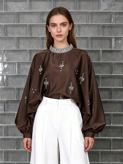 Round Neck Rhinestone Loose Solid Color Pullover Shirt