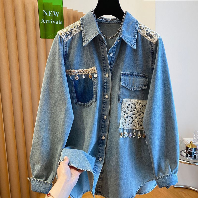 Loose-fit Lace Epaulette Patchwork Shirt Jacket Top