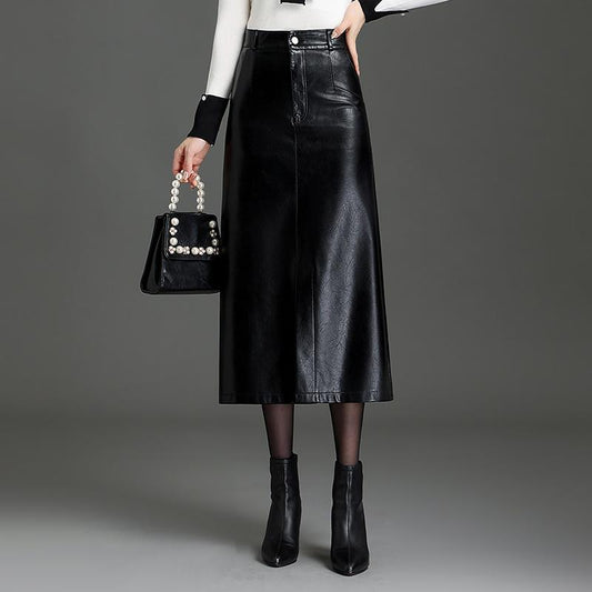 PU Leather Black Mid-length Skirt Womens Autumnwinter Style