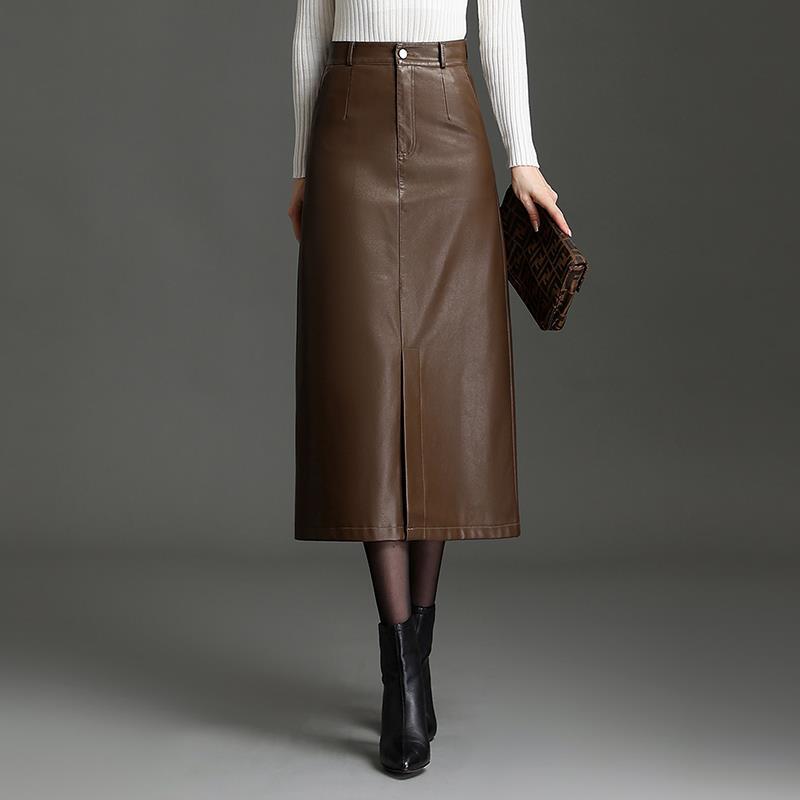 PU Leather Black Mid-length Skirt Womens Autumnwinter Style