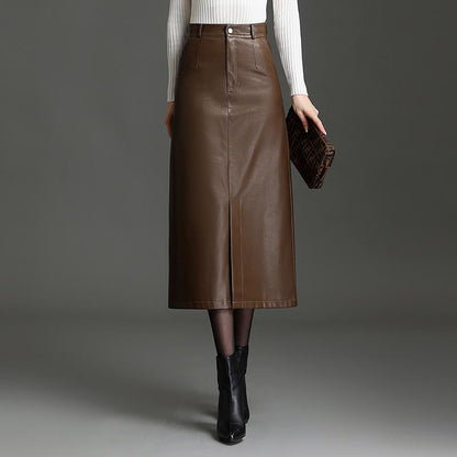 PU Leather Black Mid-length Skirt Womens Autumnwinter Style