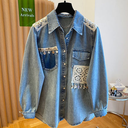 Loose-fit Lace Epaulette Patchwork Shirt Jacket Top