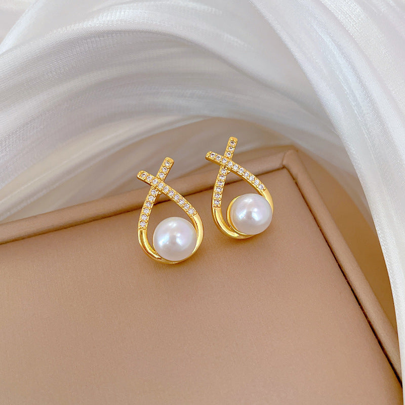 Womens Light-Luxury Cross-Design Diamond-Encrusted Pearl Necklace Set