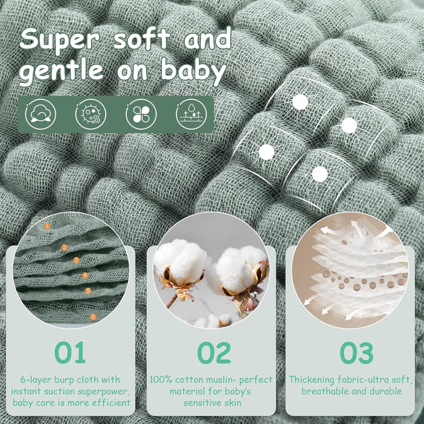 Muslin Burp Cloths, Cotton, Large 25x50cm, Extra Soft & Absorbent, 6-Pack Baby Burping Cloth For Boys & Girls  9 Color Options