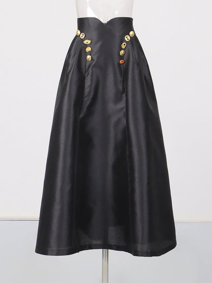Irregularly Shaped Button-decorated Pleated Midi Skirt