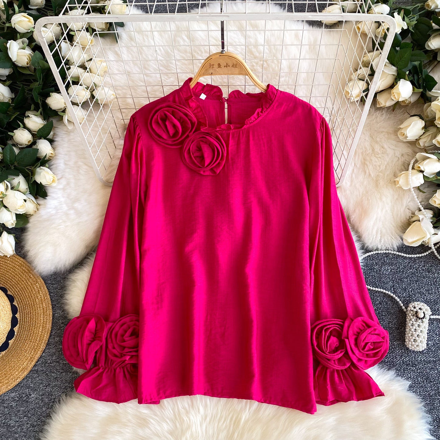 Womens Commuter All-Match 3D Floral Ruffle-Trim Long-Sleeve Shirt