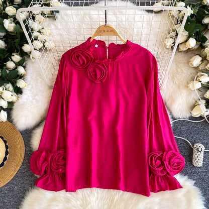 Womens Commuter All-Match 3D Floral Ruffle-Trim Long-Sleeve Shirt