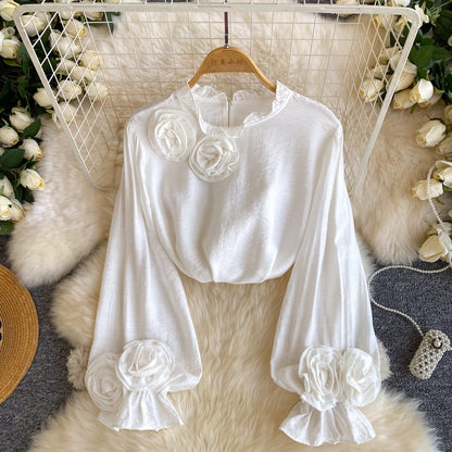 Womens Commuter All-Match 3D Floral Ruffle-Trim Long-Sleeve Shirt