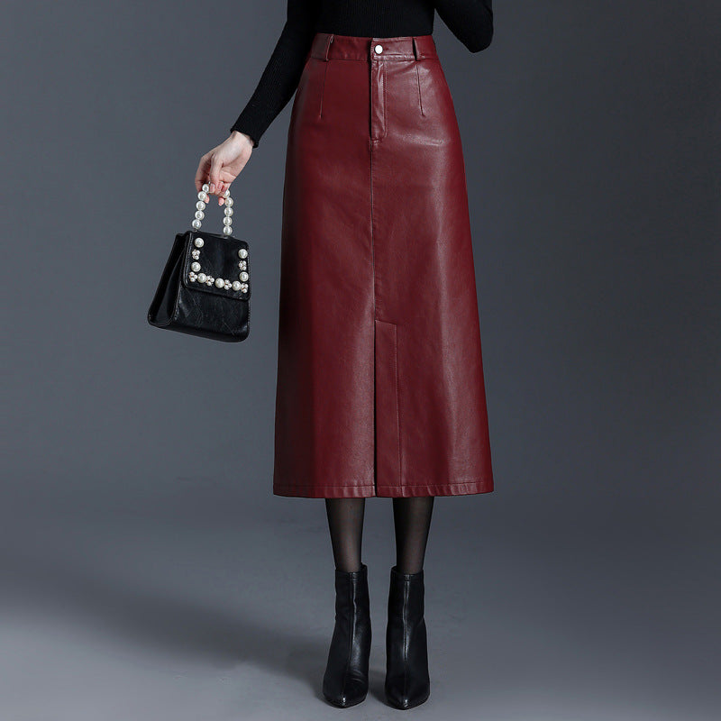 PU Leather Black Mid-length Skirt Womens Autumnwinter Style