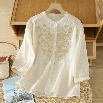 Half-sleeve Youth-boosting Shirt Stand-up Collar Loose Fit Women