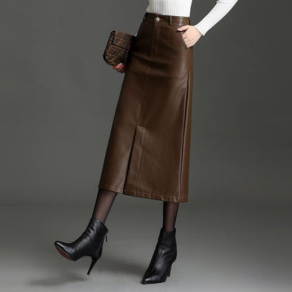 PU Leather Black Mid-length Skirt Womens Autumnwinter Style