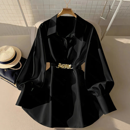 Gentle Pink Loose Lantern Sleeve Shirt Women's Metal Chain Waist Seal Top