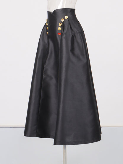 Irregularly Shaped Button-decorated Pleated Midi Skirt