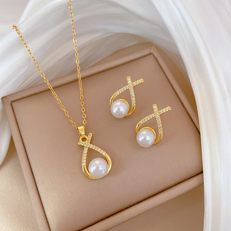 Womens Light-Luxury Cross-Design Diamond-Encrusted Pearl Necklace Set