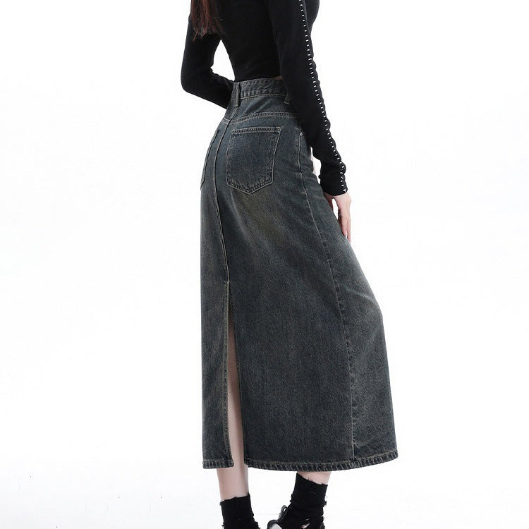 Korean-style Versatile Denim Skirt Womens Retro High-waisted