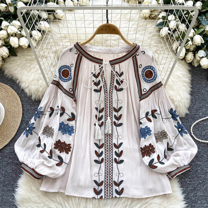 Round Neck Tie Lantern Sleeve Women's Autumn New Loose Shirt