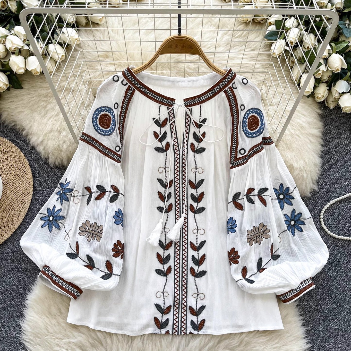 Round Neck Tie Lantern Sleeve Women's Autumn New Loose Shirt