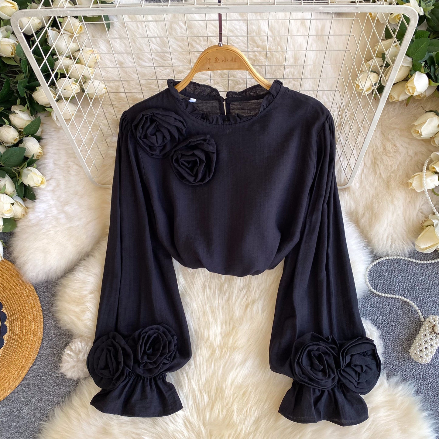 Womens Commuter All-Match 3D Floral Ruffle-Trim Long-Sleeve Shirt