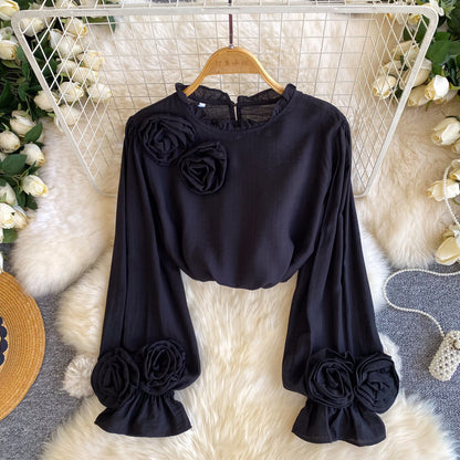 Womens Commuter All-Match 3D Floral Ruffle-Trim Long-Sleeve Shirt