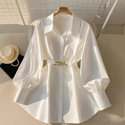 Gentle Pink Loose Lantern Sleeve Shirt Women's Metal Chain Waist Seal Top