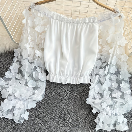 Floral Fairy Mesh-Patchwork Chiffon Blouse