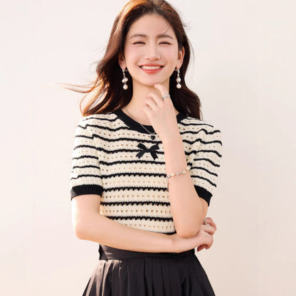 Embroidered Butterfly Hollow-Out Short-Sleeve Knit Top