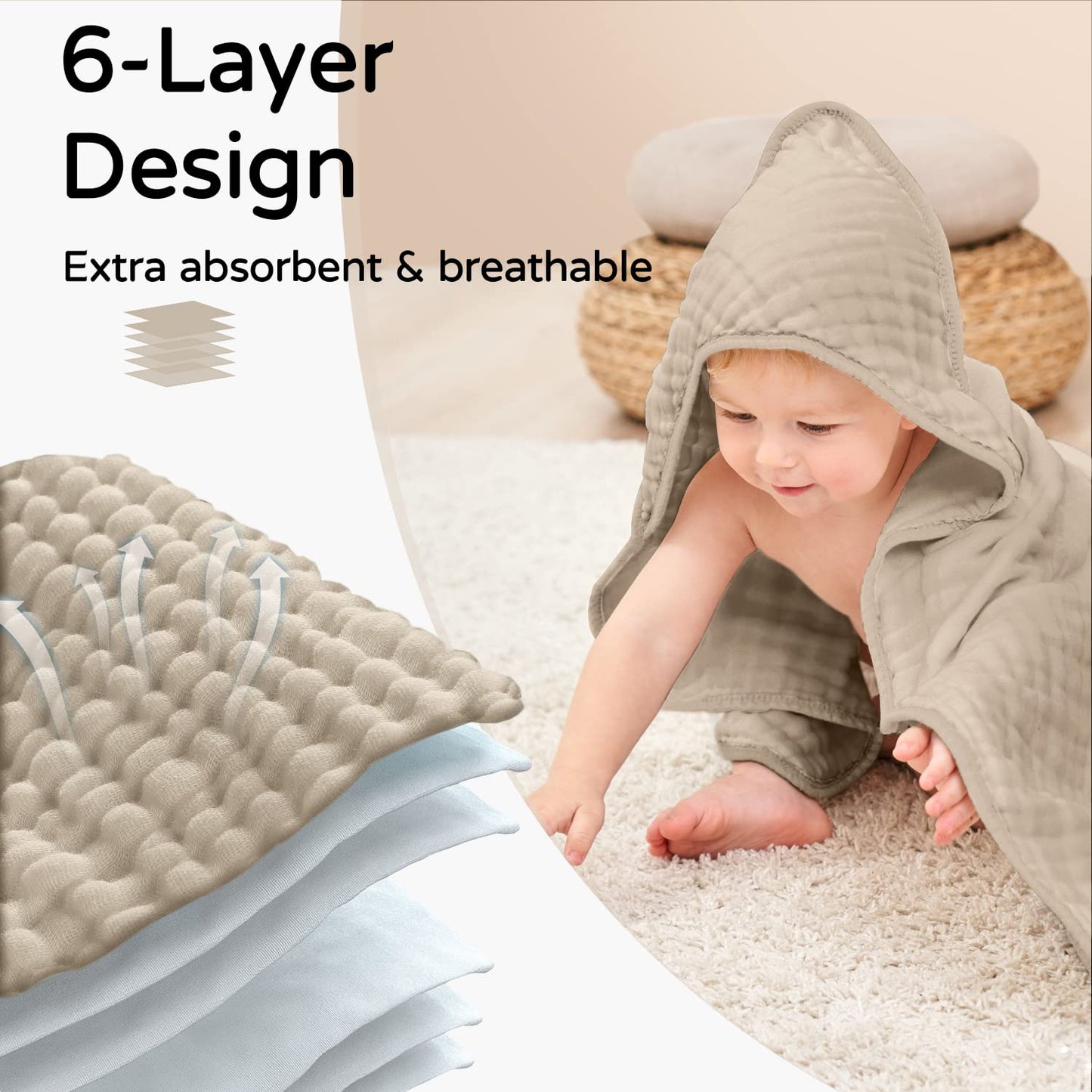 Hooded Baby Towels For Newborn Muslin Cotton Baby Bath Towel With Hood For Babies, Infant, Toddler And Kids, Large 90x90cm, Soft And Absorbent Newborn Essential